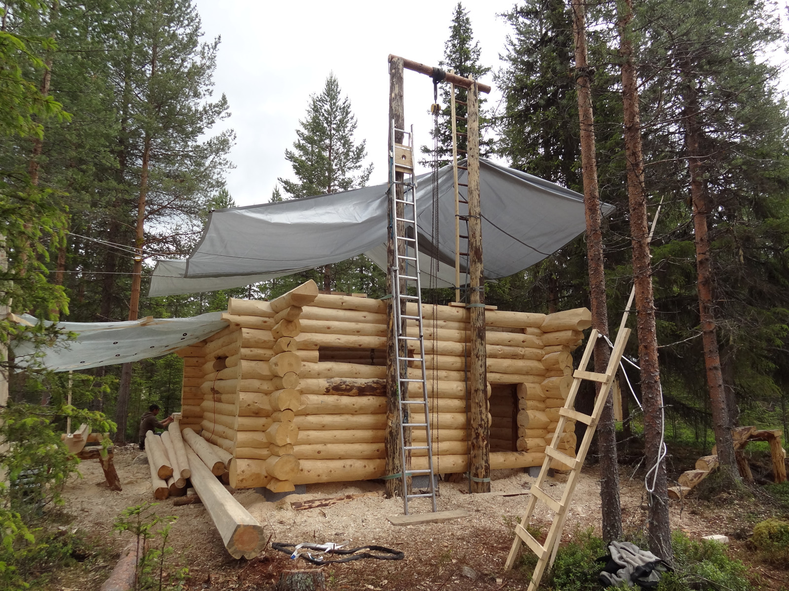 Abgeschlossener Wandaufbau und Baukran für das Heben des Firstes